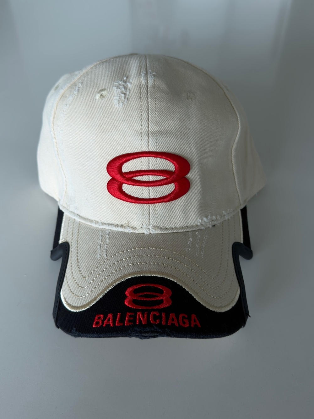 Balenciaga Cream and Black Baseball Cap with Red Logo